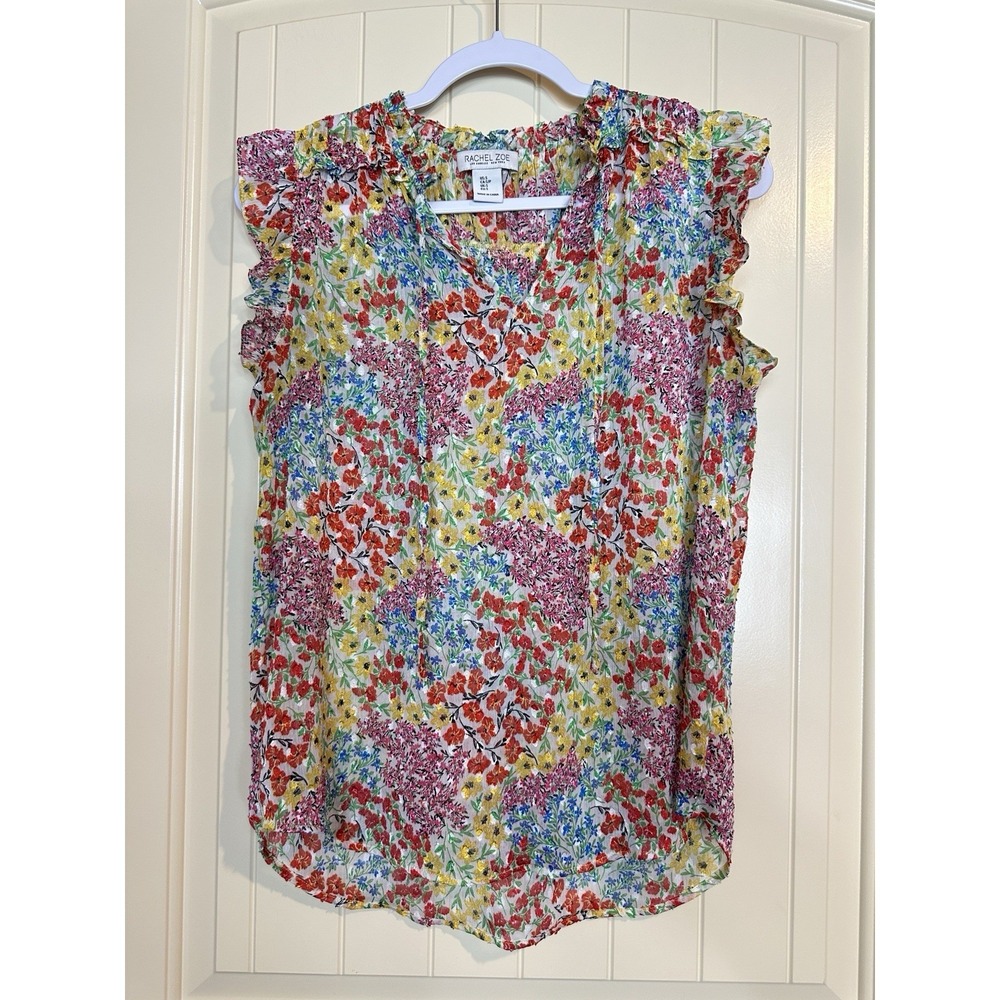 Rachel Zoe Floral Semi Sheer Blouse Size S ruffles boho beach vacay‎ cruise